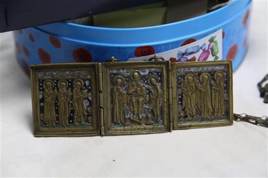 A group of 19th century and later Russian brass and champleve icons, crucifix 11in.